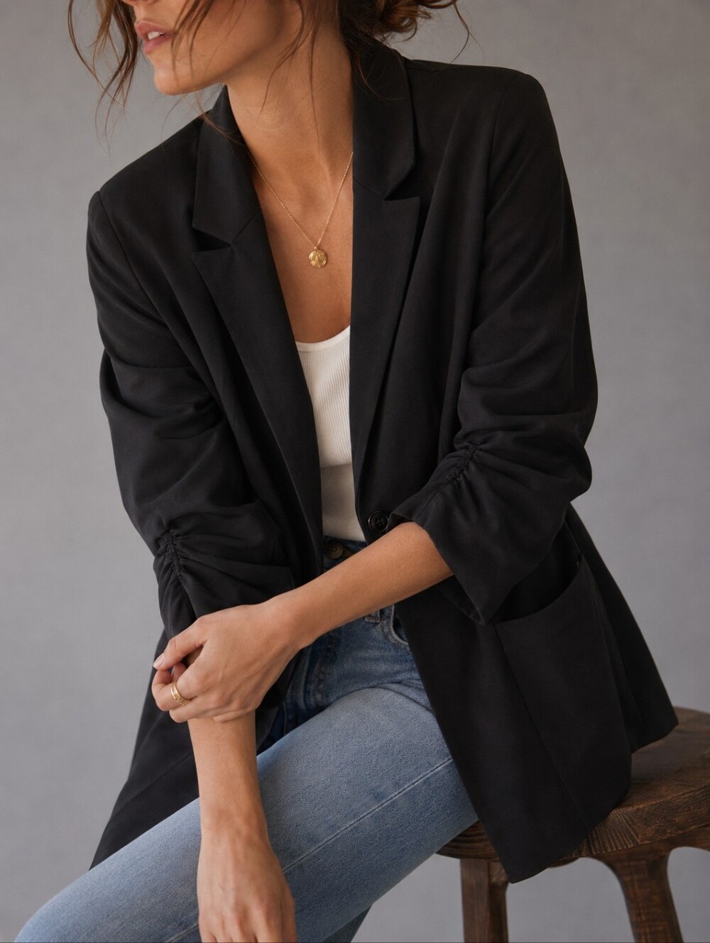 Elizabeth and James Black Ruched 3/4 Sleeve Blazer Jacket Womens Size XL